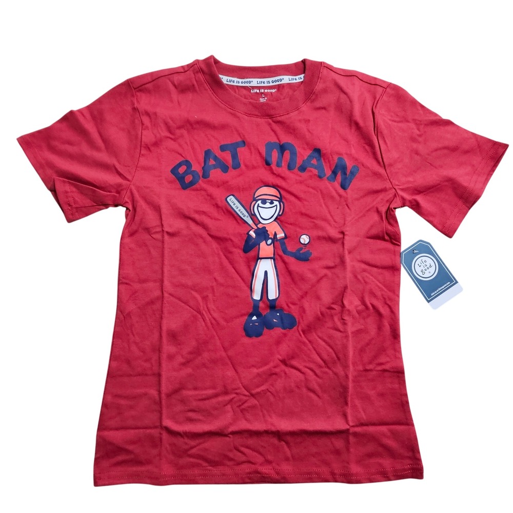 Life is Good Graphic T-Shirt Kids Large Red Bat Man Baseball Jake Tee